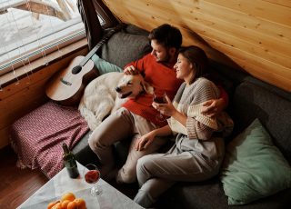 couple with dog on a date